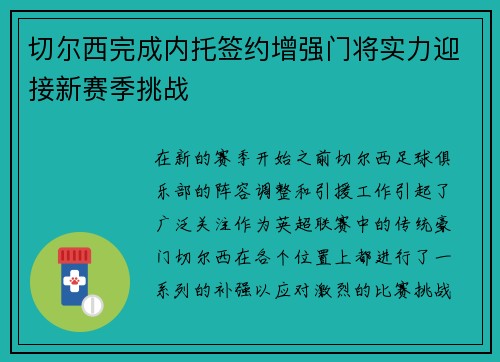 切尔西完成内托签约增强门将实力迎接新赛季挑战